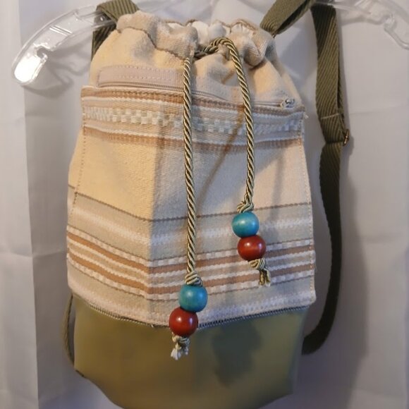 New Southwestern Cowgirl Bucket Tote Backpack Aztec Stripe Sage Tan Drawstring